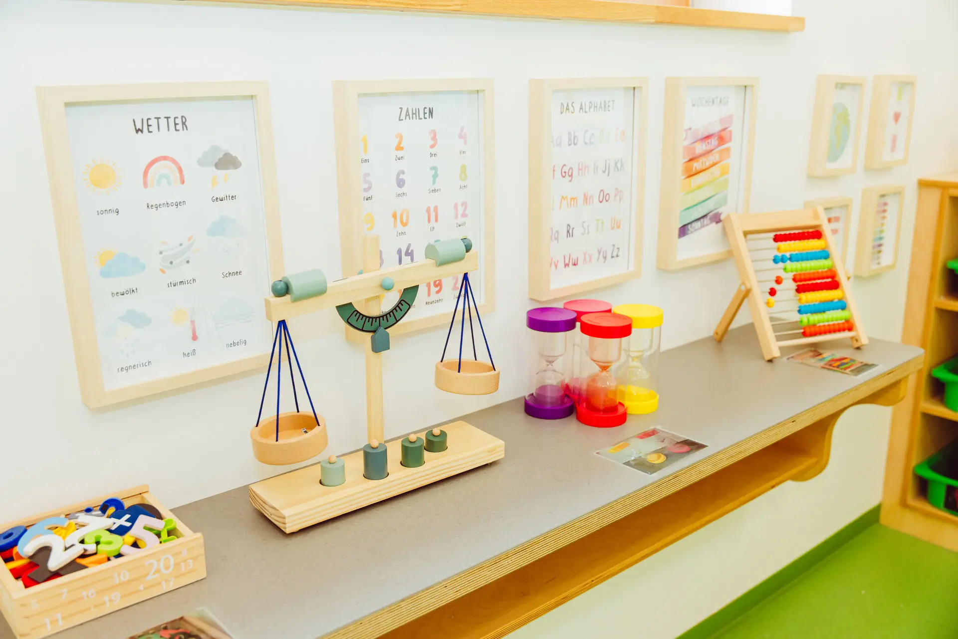Bright Montessori classroom with learning tools on a shelf